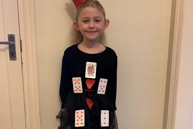 Libby Thompson from Higham Ferrers has dressed up as the character Queen of Hearts from Alice in Wonderland.