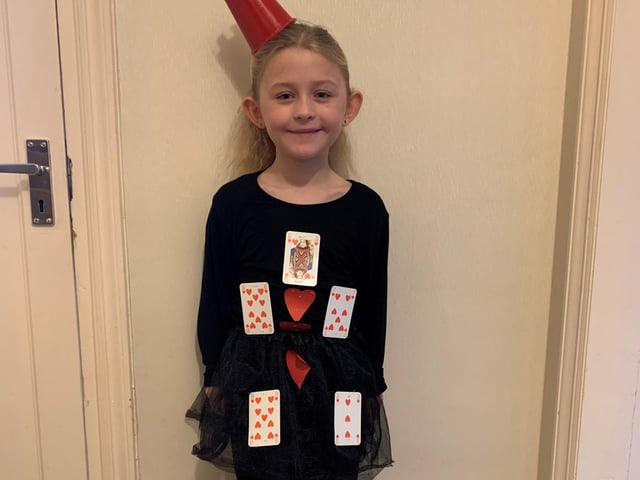 Libby Thompson from Higham Ferrers has dressed up as the character Queen of Hearts from Alice in Wonderland.
