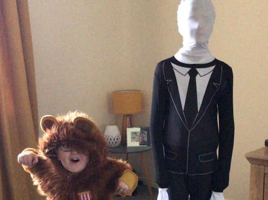 Declan from Corby is pictured here as Slender Man and Abel as the lion from the Wizard of Oz.