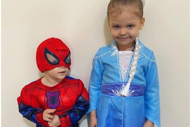 Ivy may, age 4, as Elsa from Disney's Frozen and Freddie May, age 2, from Marvel's Spiderman