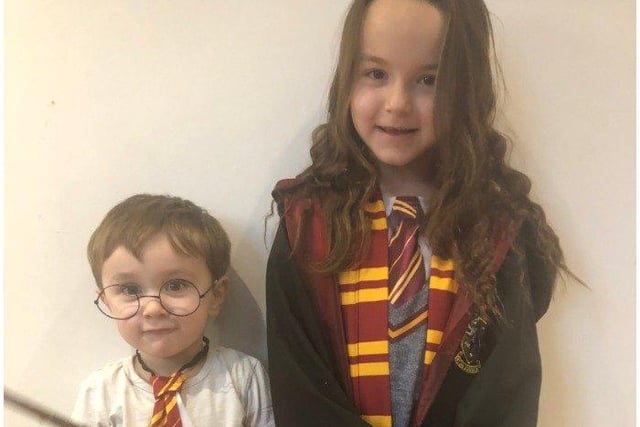 Lana Morris, 7, from Little Common School with her 2 year old brother, Louie dressed as Hermoine Grainger and Harry Potter