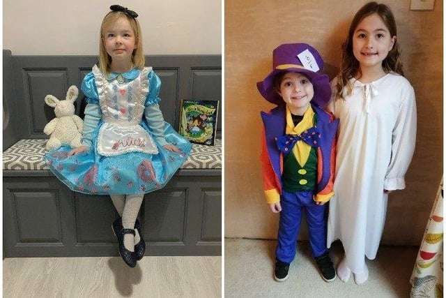 Sienna Mays, 4 as Alice in wonderland - attends Marriott's Nursery  and Ruby Downes, 9 as Wendy from Peter Pan and Sidney Downes, 6 as The Mad Hatter from Thomas A Becket School.