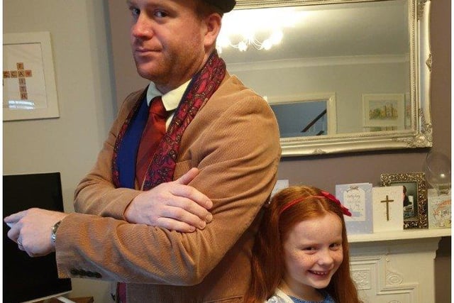 Bryony Campbell, 6, from St Mary Maggs School as Matilda with James Campbell, Assisstant principal at St Richard's Catholic College