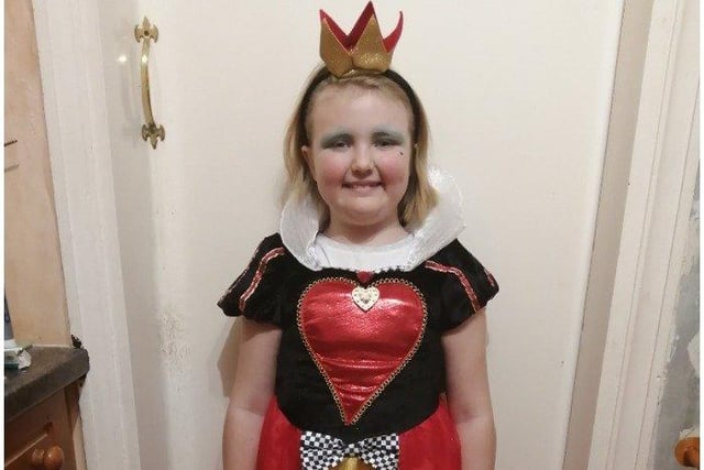Emma, aged 7, from the All Saints School in Sidley, as The Queen of Hearts from Lewis Caroll's Alice in Wonderland