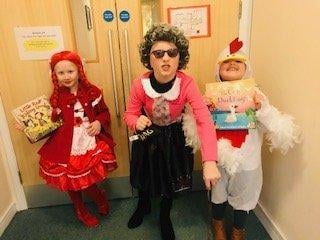 Scarlett aged 7 years as Little Red Riding Hood, Olly aged 9 years as Gangster Granny and Ruby as the Ugly Duckling from the March Primary school