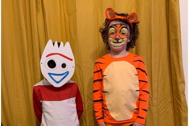 Alife, 6, as Tigger and Bailey, 5, as forky from Toy Story 4