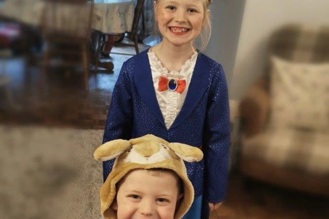 Kacie, 8, dressed up as Mary Poppins, with her brother, Joey, 3, who is dressed up as Peter Rabbit. 
Kacie attends Glenleigh Park Academy and Joey attends Charters Ancaster Nursery