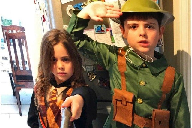 9 year old James and 7 year old Elizabeth Biley.
James is celebrating world book day as a World War One soldier and Elizabeth as Hermoine Grainger from the Harry Potter Series. They attend St Mary Star of the Sea Primary School