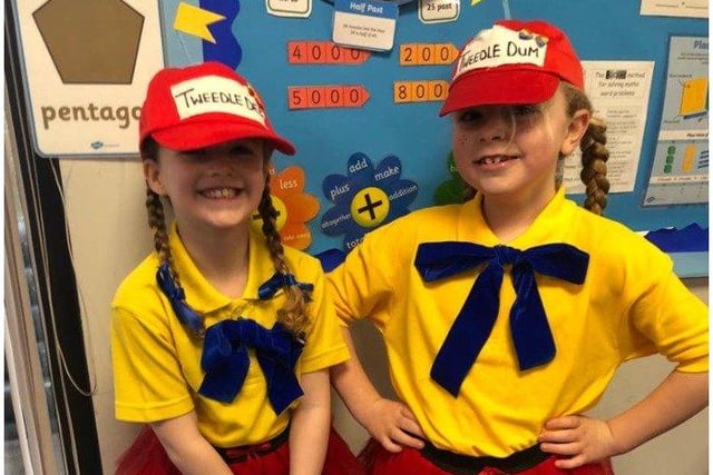 Ellie and Myla as TweedleDee and Tweedle Dum. They attend St Leonards CofE Primary Academy