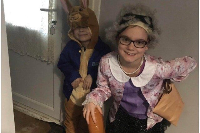 Daniel Radford, 7, as Peter Rabbit and Lacie Radford, 9, as the Gangsta Granny. Both attend Robsack Wood Primary School