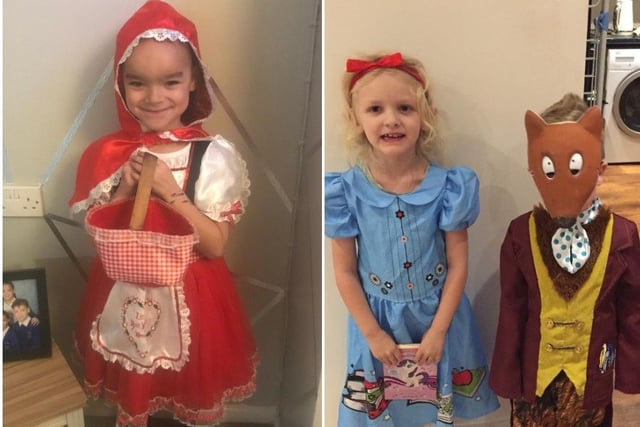 Left: Amani Joseph (aged 5) from Northgate Primary School, as Little Red Riding Hood. Right: Summer (6) and Henry (4) from the Oaks Primary School, as Matilda and Fantastic Mr Fox.
