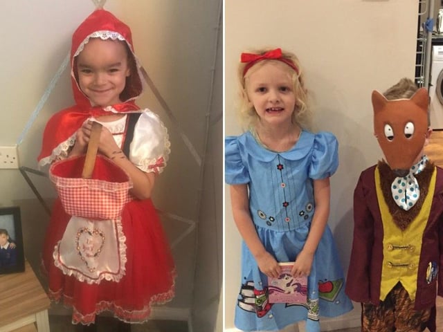 Left: Amani Joseph (aged 5) from Northgate Primary School, as Little Red Riding Hood. Right: Summer (6) and Henry (4) from the Oaks Primary School, as Matilda and Fantastic Mr Fox.