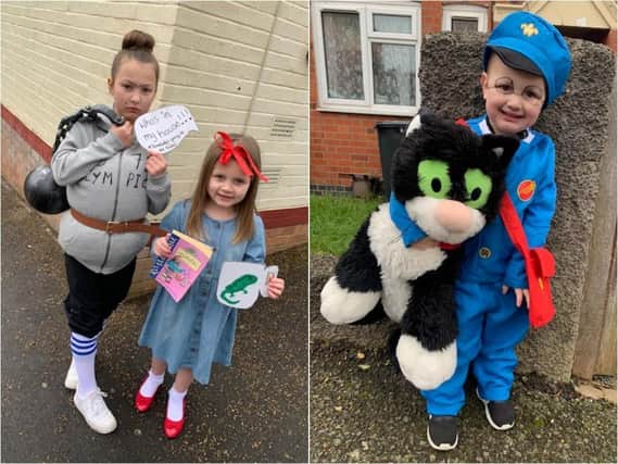 Kayleigh Hitchcock's children Faith, nine, and Amaya, five, from Lumbertubs, dressed up as Mrs Trunchball and Matilda from the much-loved Roald Dahl book and their brother Marley, two, as Postman Pat