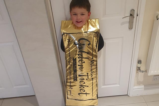 Finley Cullum, four, from Kingsthorpe, dressed up as the golden ticket from Charlie and the Chocolate Factory for his first World Book Day