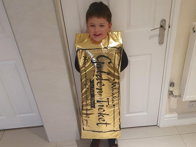 Finley Cullum, four, from Kingsthorpe, dressed up as the golden ticket from Charlie and the Chocolate Factory for his first World Book Day