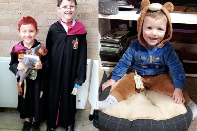 Brothers Darren-Tyler Pickering, nine, and Charlie Pickering, five, from Delapre Primary School, as Harry Potter and Ron Weasley and Kian Kennedy, one, as Paddington