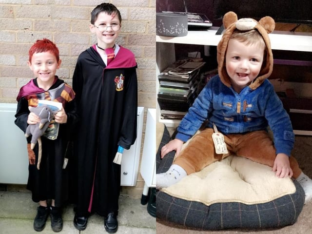 Brothers Darren-Tyler Pickering, nine, and Charlie Pickering, five, from Delapre Primary School, as Harry Potter and Ron Weasley and Kian Kennedy, one, as Paddington