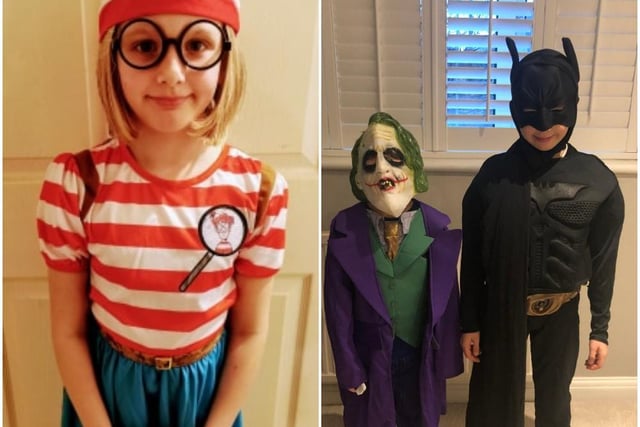 Sebastian Jobbins-Bate, 9, as Batman and Maddox Jobbins-Bate, 6, as the Joker, from Wivelsfield Primary School, and Alexis McKechnie, 8, from Bewbush Academy as Wenda from Where's Wally