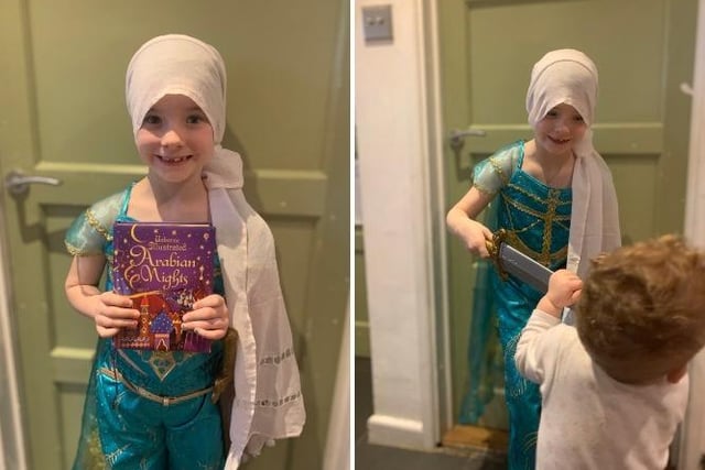 This is Annabelle Pring, 7, from Holy Trinity, Cuckfield. She is dressed up as Marjana from the tale of Ali Baba and the Forty Thieves from the book Arabian Nights. Marjana was a slave killed the thieves who came to murderously steal from Ali Baba and his family by pouring hot oil into the jars each thief was hiding in. When the head thief, who had escaped, she recognised him and killed him with a safer hidden in her scarves. From these acts she was rewarded with her freedom and welcomed in to Ali Babas family.