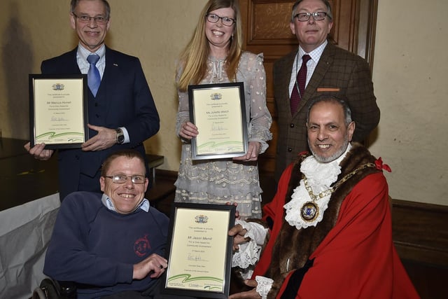 Community Involvement Awards - Mayor of Peterborough cllr Gul Nawaz and Coun Peter Hiller with Marcus Horrell, Juliette Welch and Jason Merrill