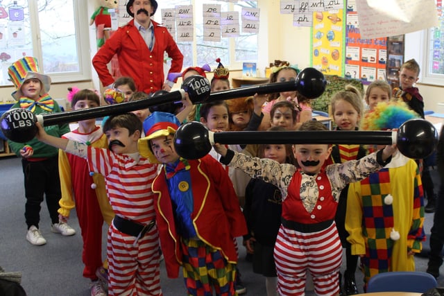 Year 1 Dahinda class pupils at Rudyard Kipling Primary School & Nursery in their circus-themed World Book Day costumes