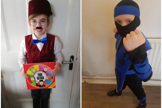 Phineas White, aged seven, Ocklynge Junior School as the shopkeeper from Mr Benn and Dylan Wallace, aged seven, from Langney Academy