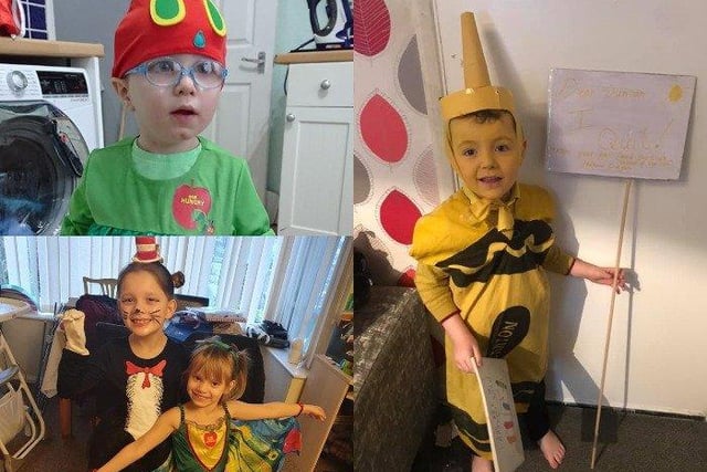 Lucas, aged two, Hopscotch Nursery, Seaford as the Hungry Caterpillar, Isabel, aged 7, and Cerys, aged 5, from Cradle Hill, Seaford and Jackson Matthews-Colbourne, aged five, Barcombe Primary School, as a homemade crayon