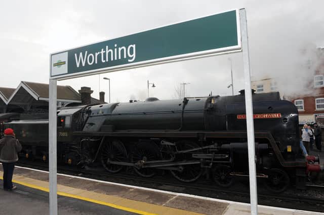 Oliver Cromwell at Worthing Station on Saturday morning on its way to Bath Pic: Stephen Goodger