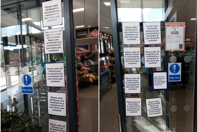 Temporary signs at Aldi on Ash Street, the Mounts, telling customers that certain items are now restricted to four per customer.