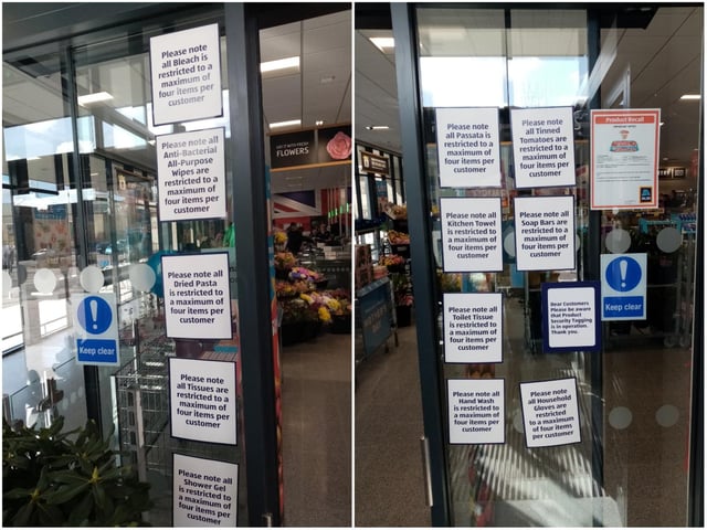 Temporary signs at Aldi on Ash Street, the Mounts, telling customers that certain items are now restricted to four per customer.