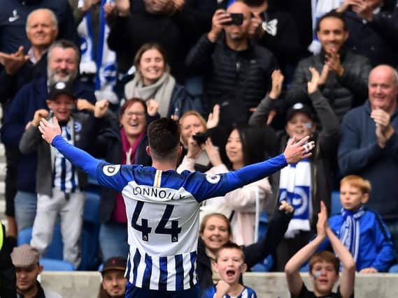 Aaron Connolly takes in the moment after his second goal made it 3-0 for Brighton against Tottenham at the Amex