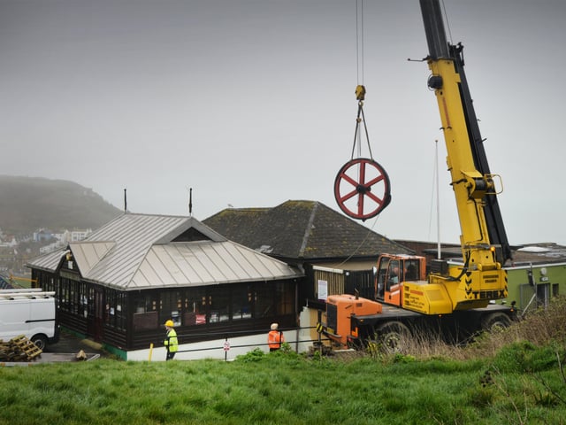 Wheel replacement for the West Hill funicular railway being delivered. SUS-200319-103052001