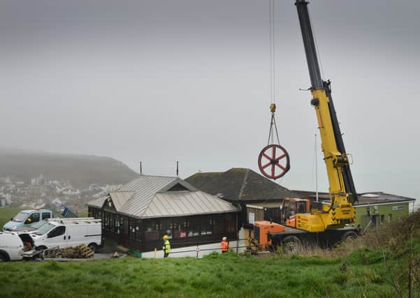 Wheel replacement for the West Hill funicular railway being delivered. SUS-200319-103118001
