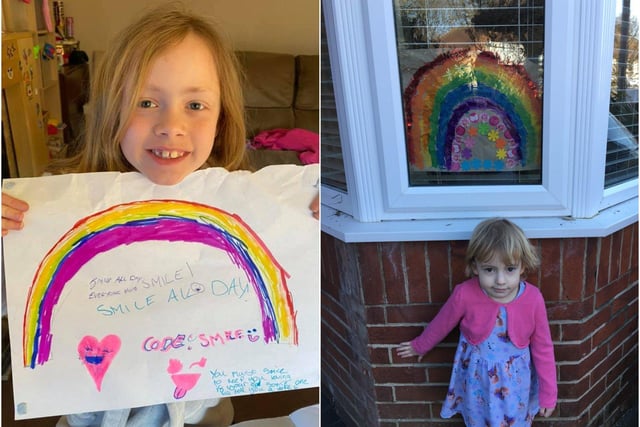 Katie Hatherillo shared this photo of Elsie, eight, with her rainbow in Lancing, and Kelly Rough sent in this picture of Emma, four, with her mixed media rainbow
