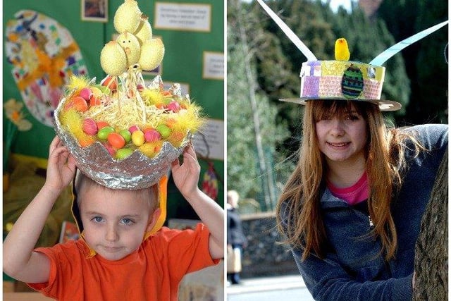 Easter bonnets at Field Place First School in April 2010 and, right, Kay Miles, winner in the 2010 Broadwater Easter bonnet parade W14083P10 & W14156P10
