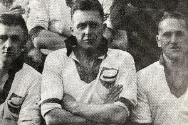 On target with one of his nine goals that season. Scotsman made 105 appearances in total for Luton, netting 29 times, as he was appointed manager of the Hatters after World War Two had ended.