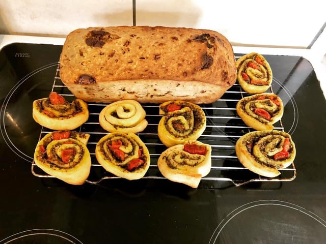 Wild garlic pesto pinwheels and apricot, chocolate, bananas and walnut loaf.