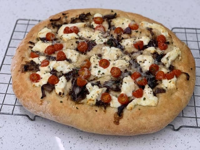 Goats cheese, tomato and red onion Focaccia bread