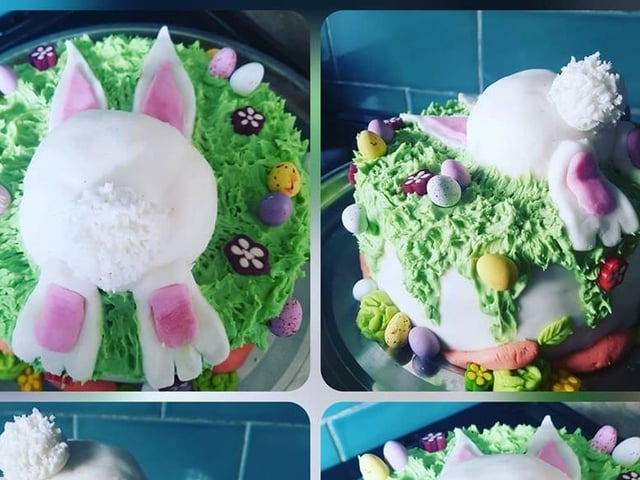 Samantha Burt and her three year old made an Easter bunny cake SUS-200414-150417001
