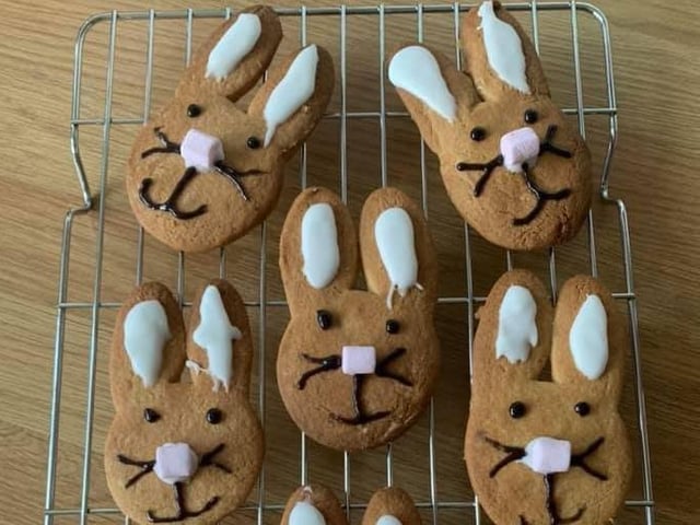 Harley Pearce made Easter bunny gingerbread biscuits with her two year old son SUS-200414-151028001