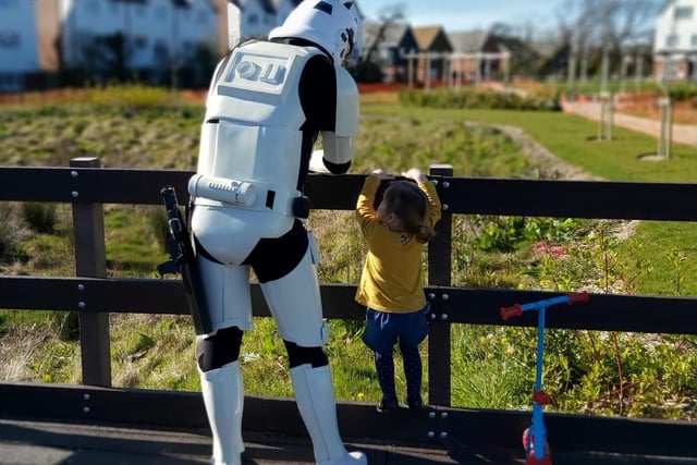 Steve Ragless from Oaksheath Gardens has been bringing a smile to people's faces by wearing his Stormtrooper outfit during his daily walk with his family