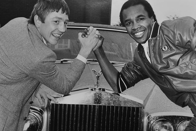 Sugar Ray Leonard beat ‘Fen Tiger’ Dave Boy Green in a world title fight and the pair remained firm friends. I was invited to Dave’s home in Chatteris when Sugar Ray was visiting and what a humble man he was. The Rolls Royce in this picture belongs to Dave and the three copies of the photo are on my wall, Dave’s wall and Sugar Ray’s wall!