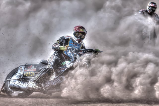 A dry afternoon at the Showground for the speedway fours final led to this photo. I placed myself at the fourth corner to get the shot. You can just see the second rider emerging from the dust!