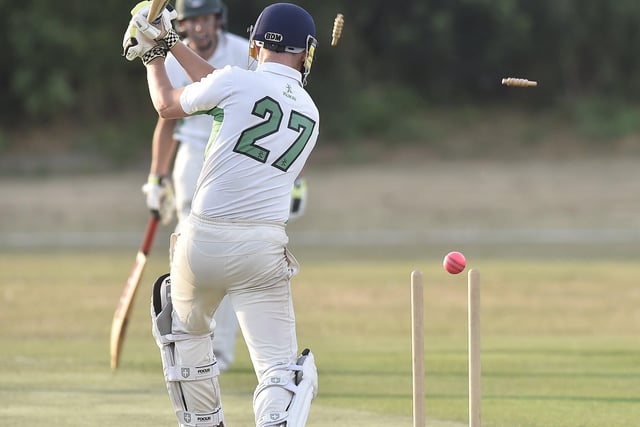 Castor batsman Ashley Killingworth is clean bowled in a Stamford Cup Final against Uppingham.