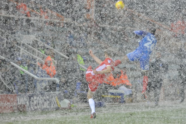“The famous snow game against Walsall at London Road in 2018. I enjoyed taking pictures in the snow and fog. This is Omar Bogle in action for Posh, I think!"