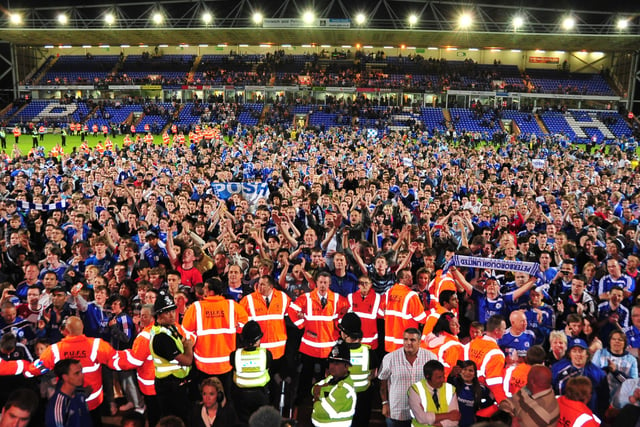 “The best atmosphere at London Road ever as Posh beat MK Dons in the League One play-off semi-final in 2011 and it carried on after the game. I climbed up just below the director’s box to get this shot.”