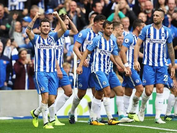 Pascal Gross celebrates his first goal against West Bromwich Albion in 2017. It was Albion's first top division goal since Gordon Smith v Norwich in May 1983.