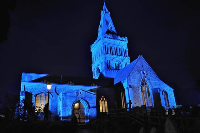 The Church of St Kyneburgha, Castor mlite in blue light in support of the NHS EMN-200423-220242009