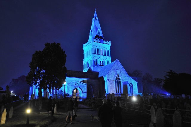 The Church of St Kyneburgha, Castor mlite in blue light in support of the NHS EMN-200423-220209009