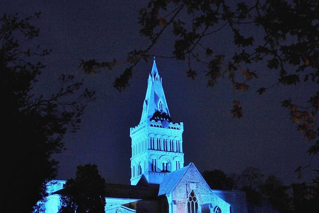 The Church of St Kyneburgha, Castor mlite in blue light in support of the NHS EMN-200423-220220009